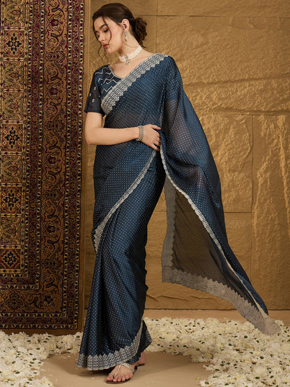 Women's Chiffon Navy Blue Embroidered Designer Saree With Blouse Piece