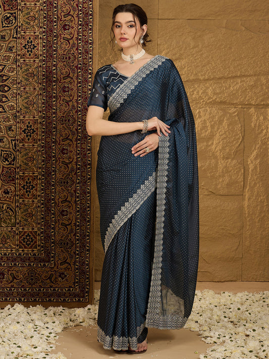 Women's Chiffon Navy Blue Embroidered Designer Saree With Blouse Piece