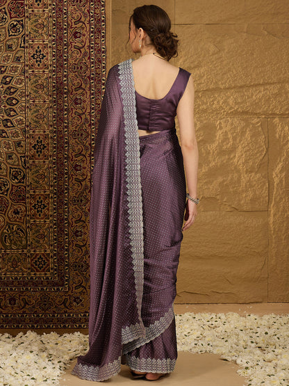 Women's Chiffon Violet Embroidered Designer Saree With Blouse Piece