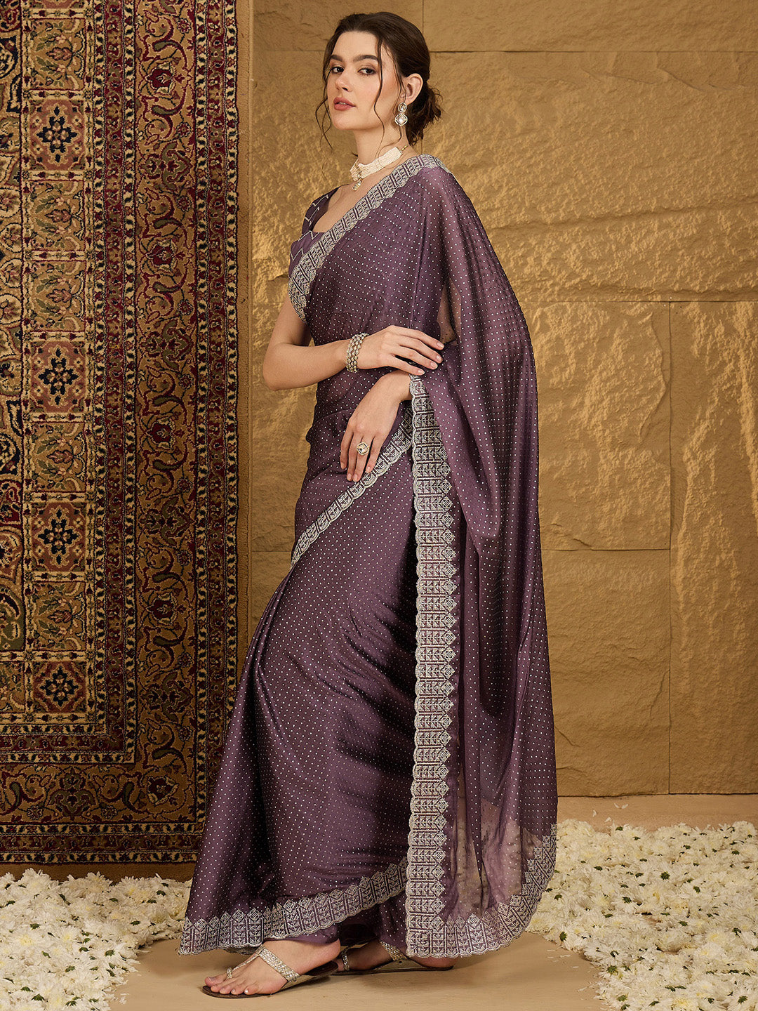 Women's Chiffon Violet Embroidered Designer Saree With Blouse Piece