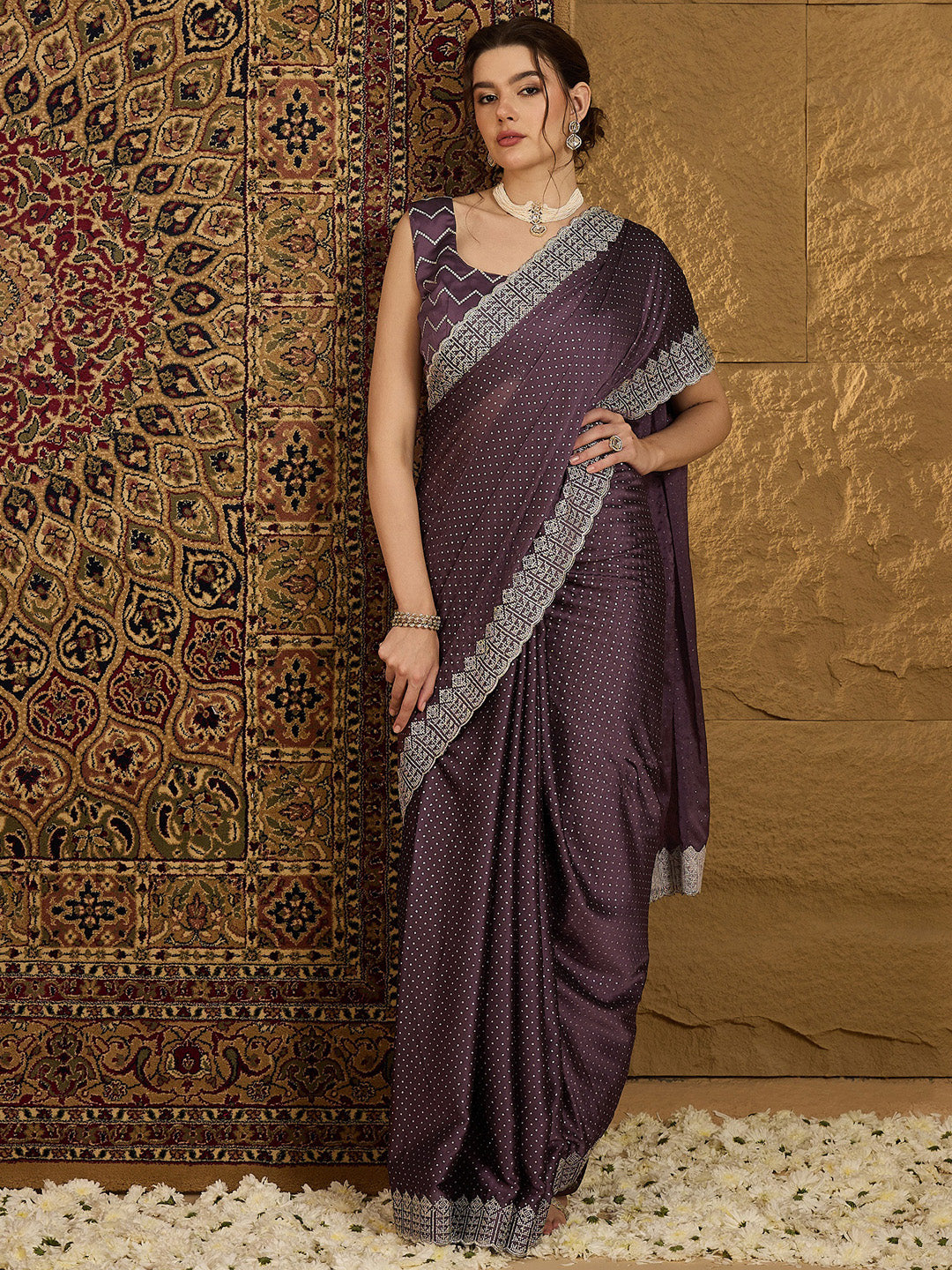 Women's Chiffon Violet Embroidered Designer Saree With Blouse Piece