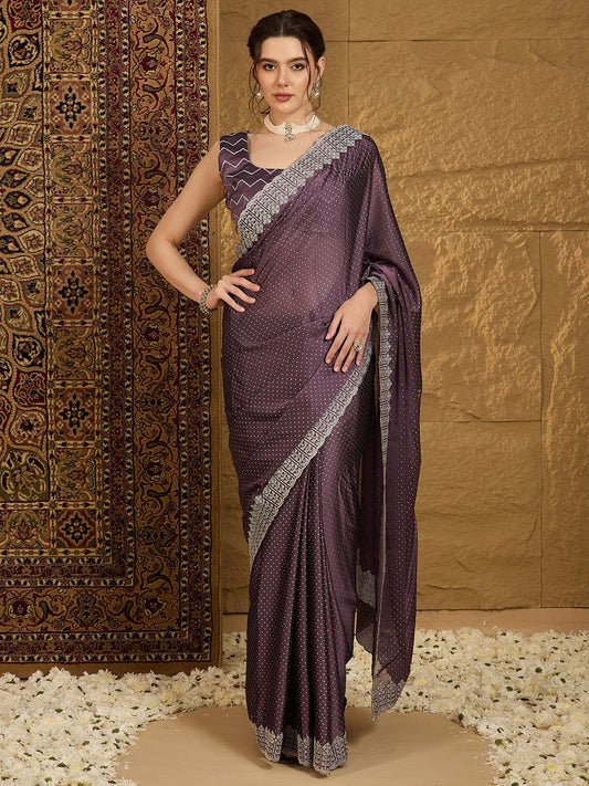 Women's Chiffon Violet Embroidered Designer Saree With Blouse Piece