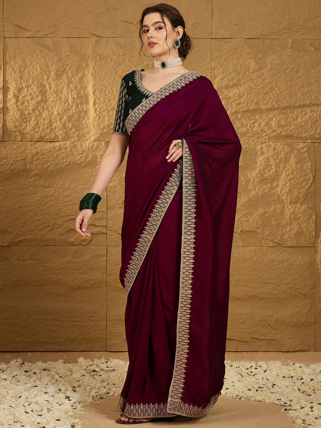 Women's Vichitra Silk Magenta Embroidered Designer Saree With Blouse Piece