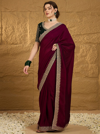 Women's Vichitra Silk Magenta Embroidered Designer Saree With Blouse Piece