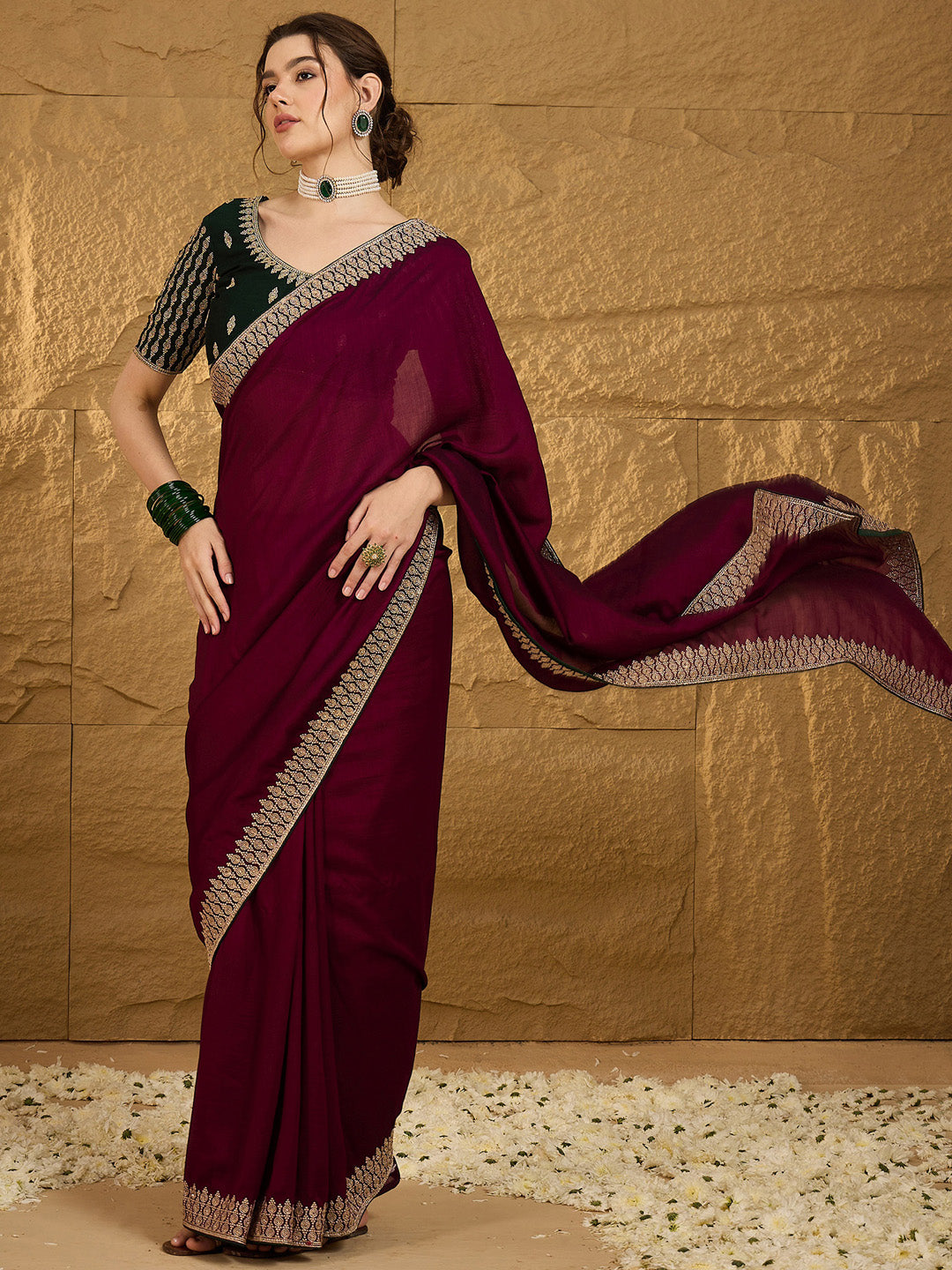 Women's Vichitra Silk Magenta Embroidered Designer Saree With Blouse Piece