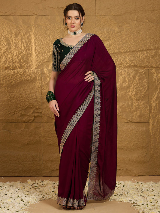 Women's Vichitra Silk Magenta Embroidered Designer Saree With Blouse Piece
