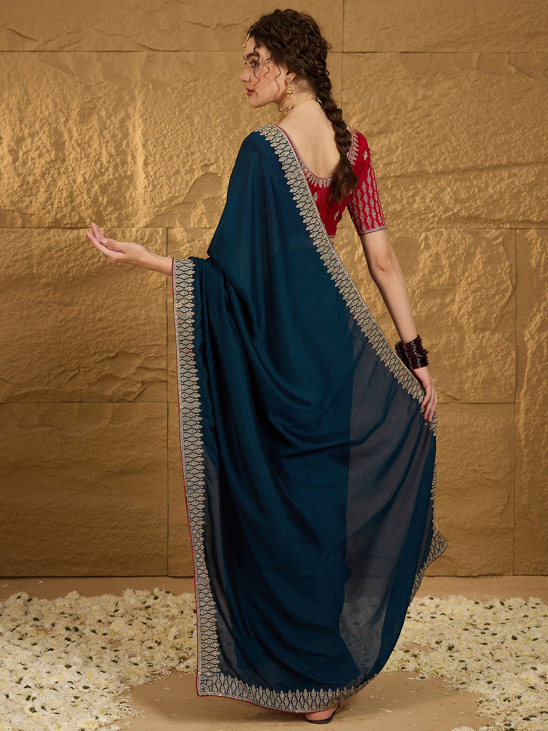 Women's Vichitra Silk Teal blue Embroidered Designer Saree With Blouse Piece