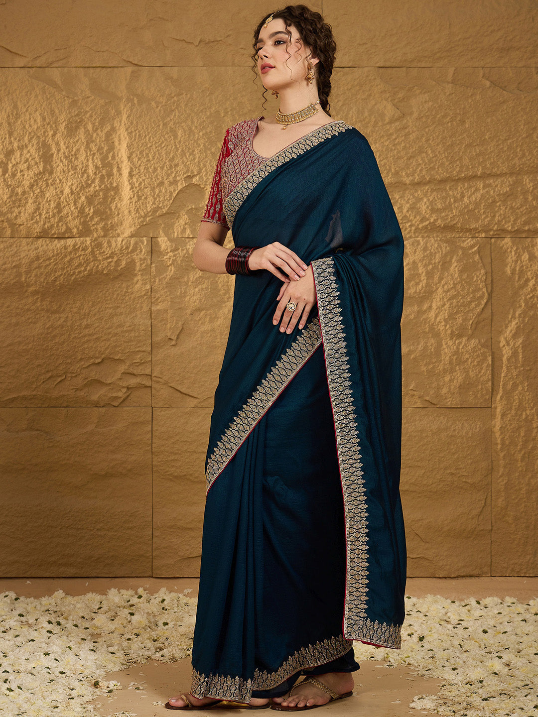 Women's Vichitra Silk Teal blue Embroidered Designer Saree With Blouse Piece