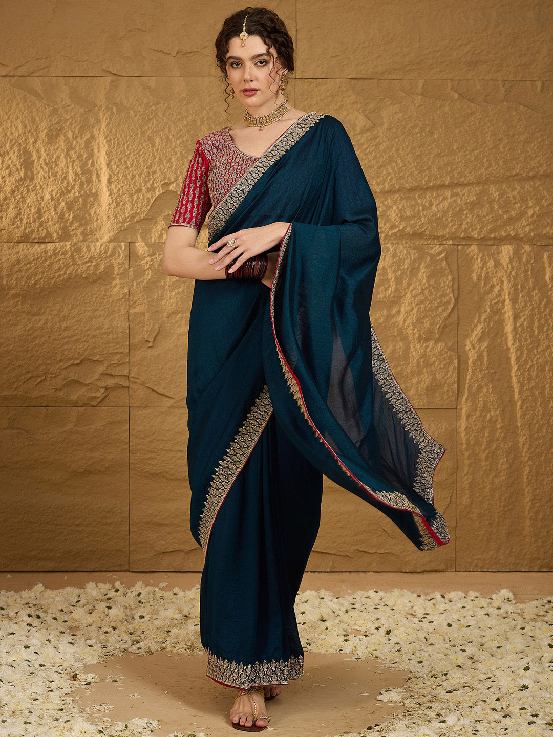 Women's Vichitra Silk Teal blue Embroidered Designer Saree With Blouse Piece