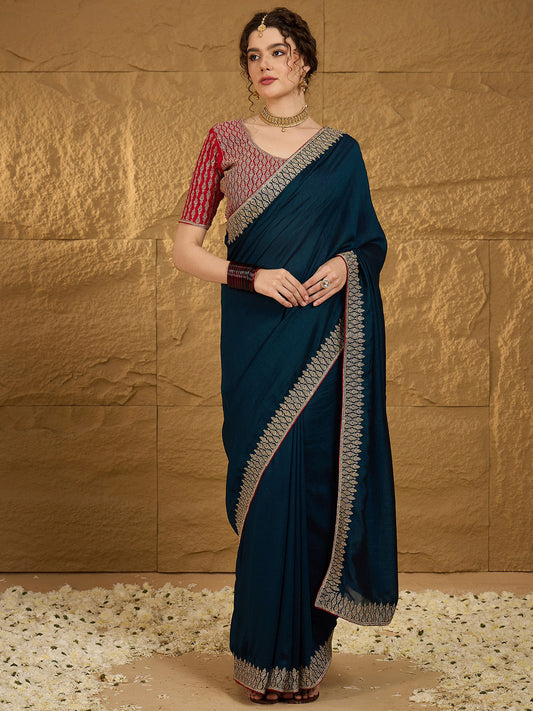 Women's Vichitra Silk Teal blue Embroidered Designer Saree With Blouse Piece