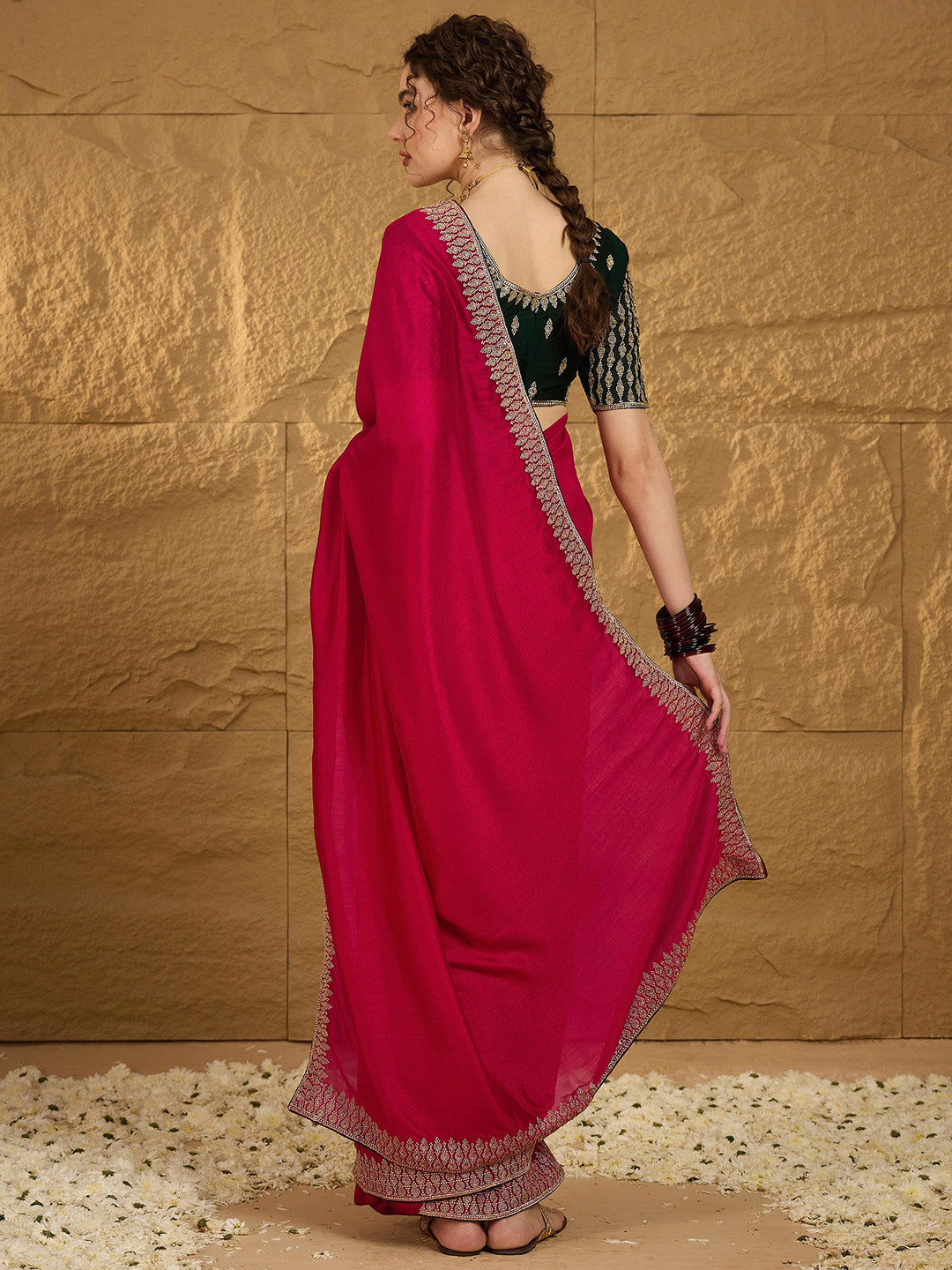 Women's Vichitra Silk Pink Embroidered Designer Saree With Blouse Piece