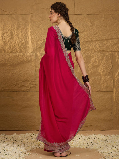 Women's Vichitra Silk Pink Embroidered Designer Saree With Blouse Piece
