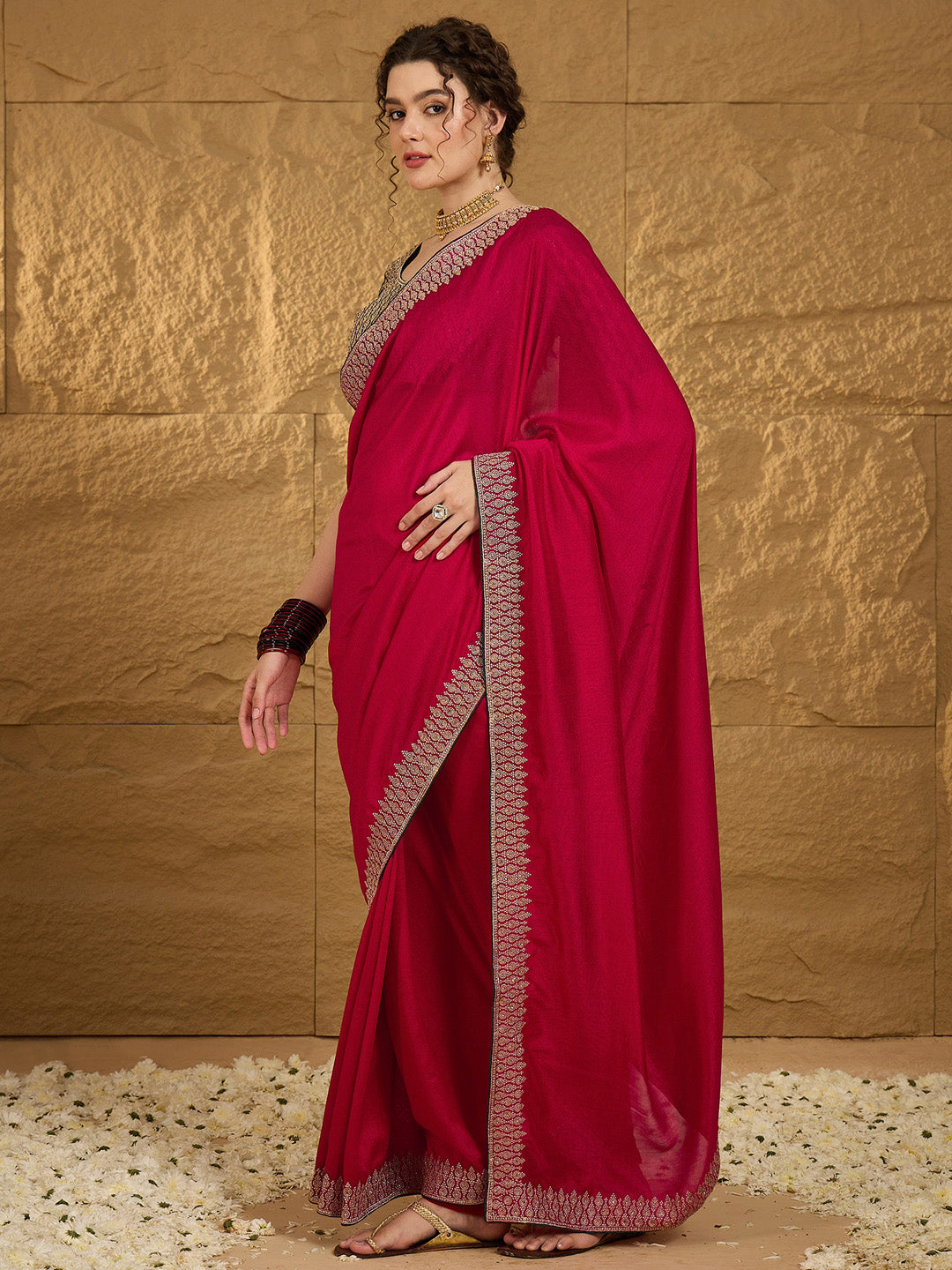 Women's Vichitra Silk Pink Embroidered Designer Saree With Blouse Piece