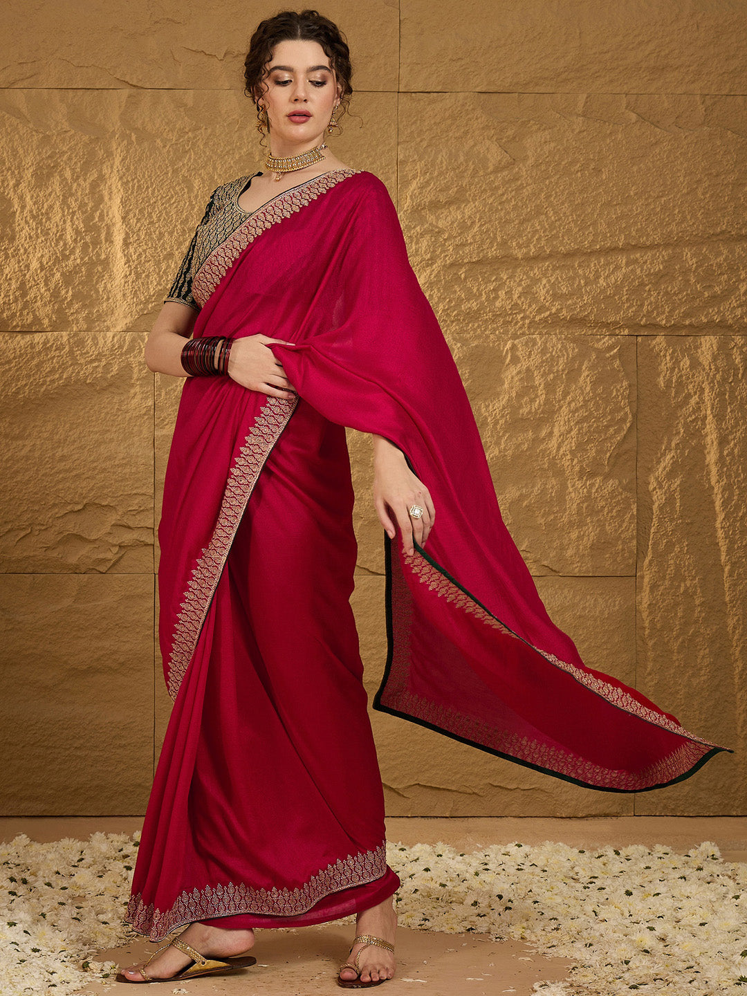 Women's Vichitra Silk Pink Embroidered Designer Saree With Blouse Piece