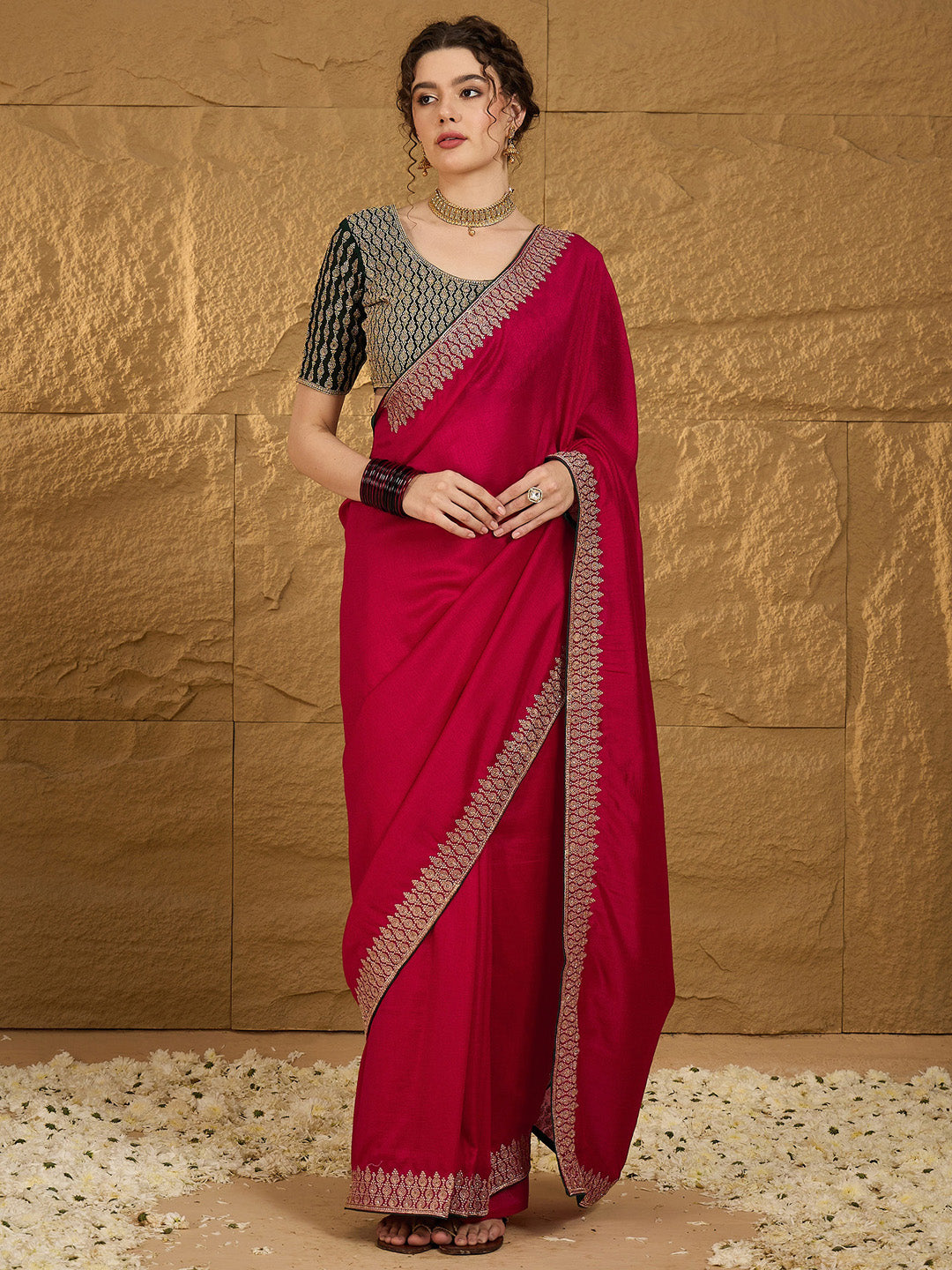 Women's Vichitra Silk Pink Embroidered Designer Saree With Blouse Piece