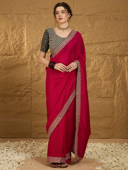 Women's Vichitra Silk Pink Embroidered Designer Saree With Blouse Piece
