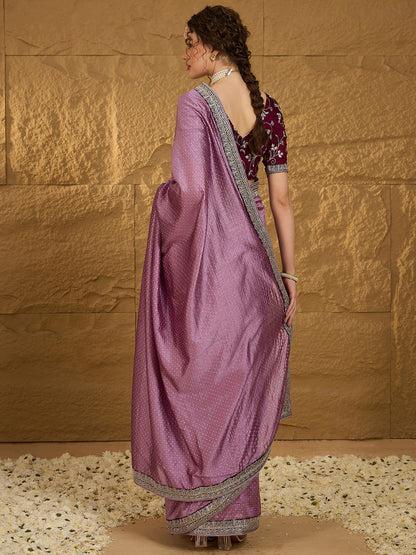Women's Vichitra Silk Mauve Embroidered Designer Saree With Blouse Piece