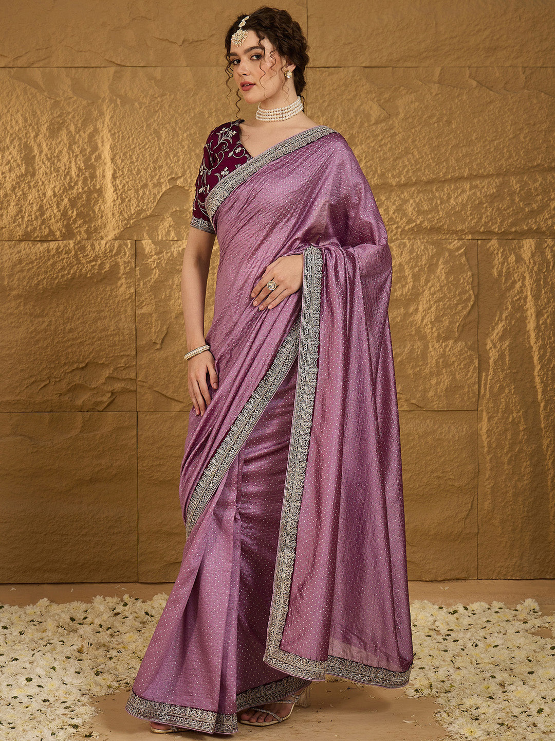 Women's Vichitra Silk Mauve Embroidered Designer Saree With Blouse Piece