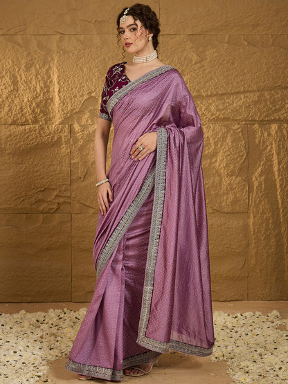 Women's Vichitra Silk Mauve Embroidered Designer Saree With Blouse Piece
