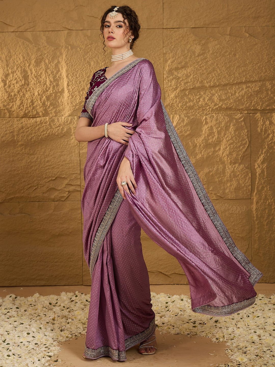 Women's Vichitra Silk Mauve Embroidered Designer Saree With Blouse Piece