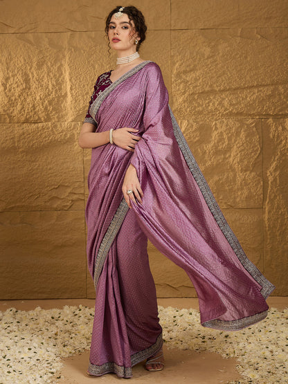 Women's Vichitra Silk Mauve Embroidered Designer Saree With Blouse Piece