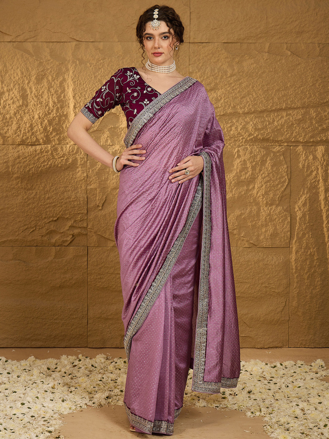 Women's Vichitra Silk Mauve Embroidered Designer Saree With Blouse Piece