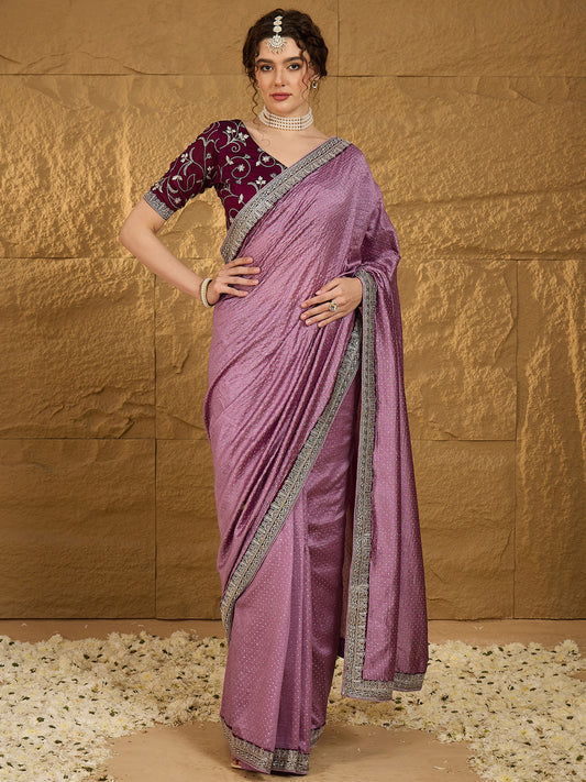 Women's Vichitra Silk Mauve Embroidered Designer Saree With Blouse Piece