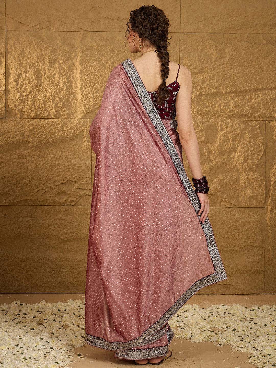 Women's Vichitra Silk Brown Embroidered Designer Saree With Blouse Piece