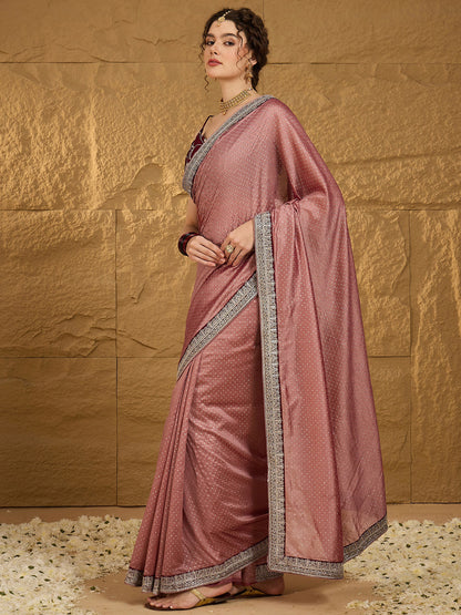 Women's Vichitra Silk Brown Embroidered Designer Saree With Blouse Piece