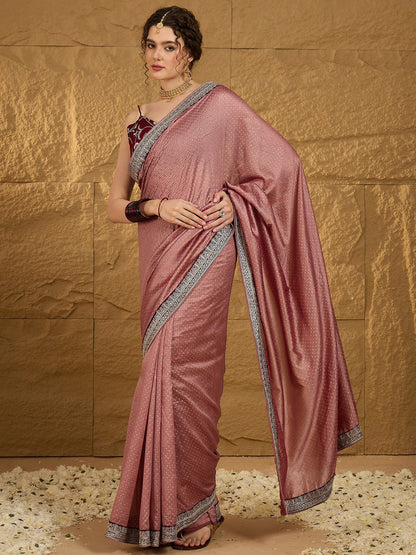 Women's Vichitra Silk Brown Embroidered Designer Saree With Blouse Piece