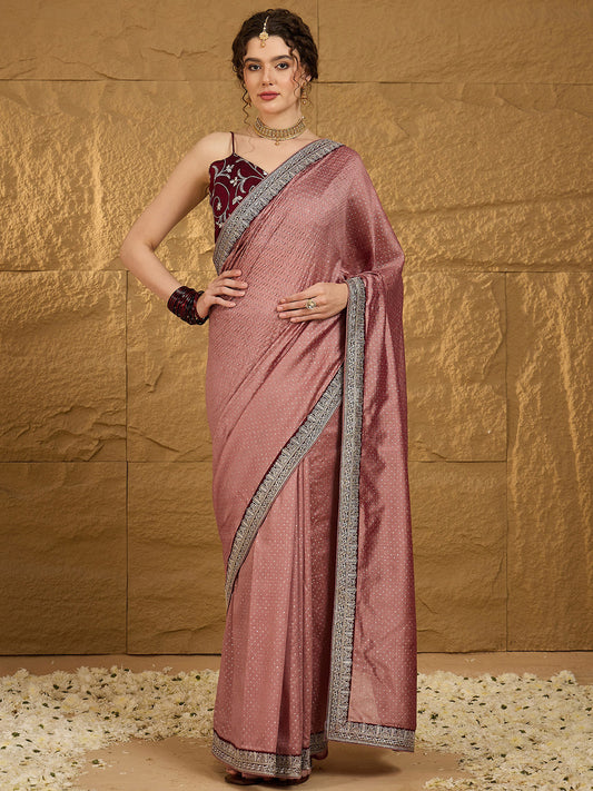 Women's Vichitra Silk Brown Embroidered Designer Saree With Blouse Piece