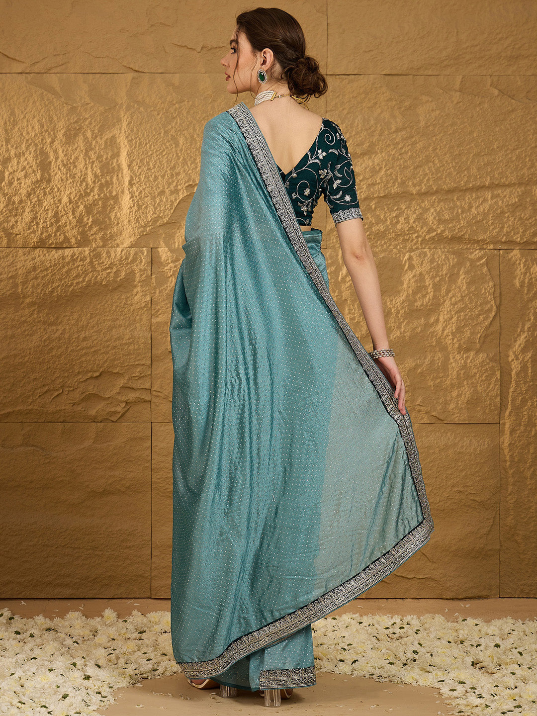 Women's Vichitra Silk Teal blue Embroidered Designer Saree With Blouse Piece