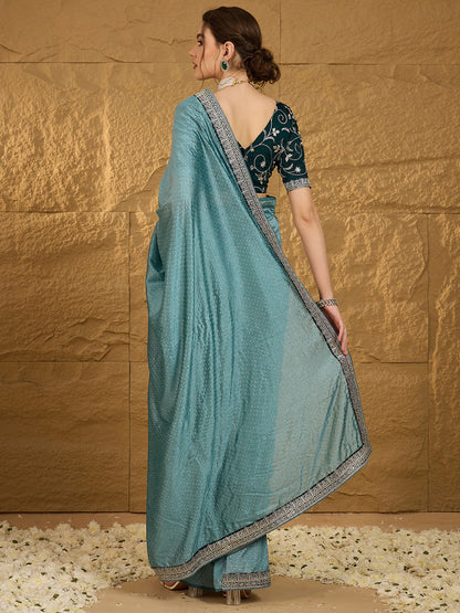 Women's Vichitra Silk Teal blue Embroidered Designer Saree With Blouse Piece