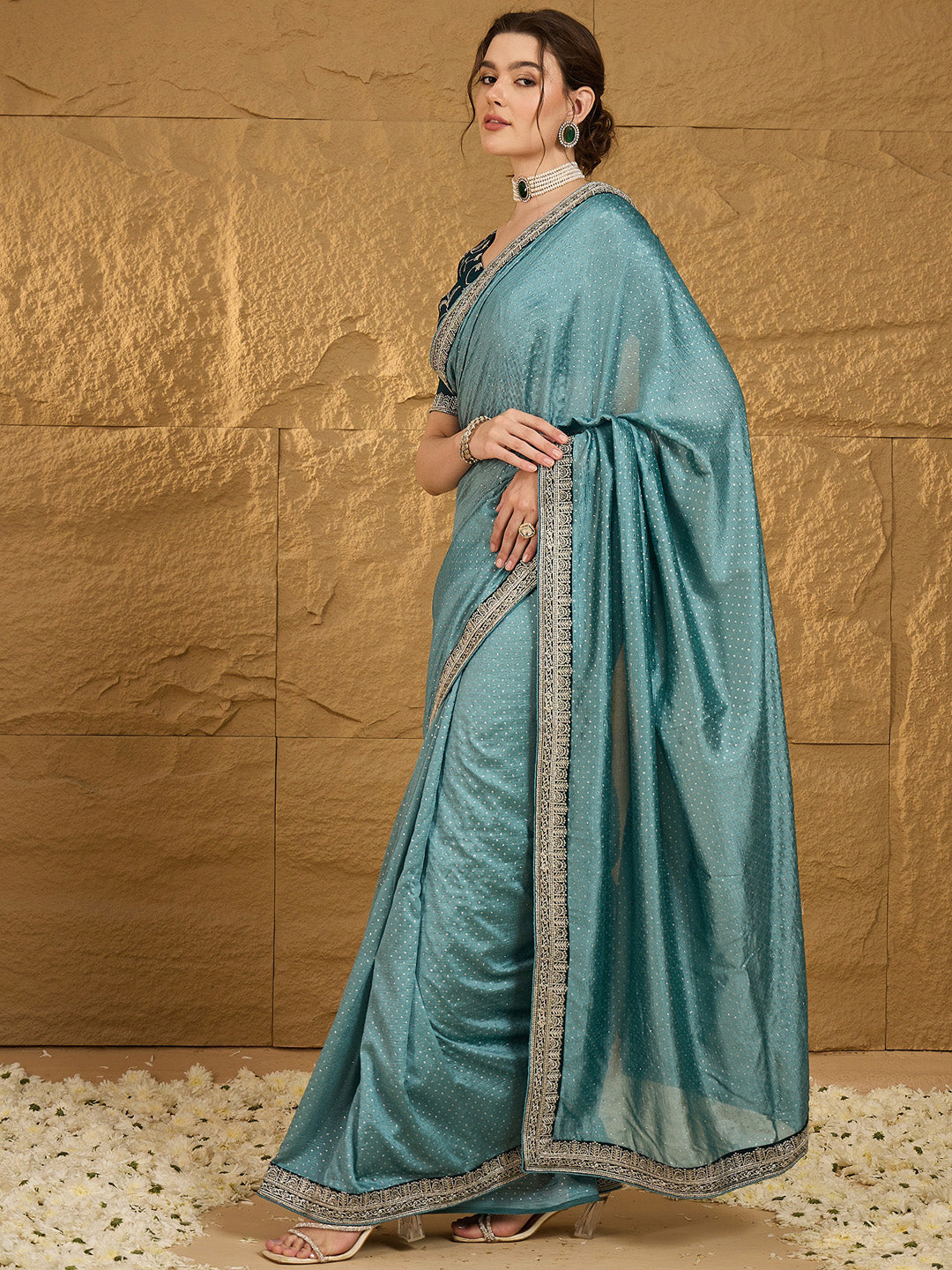Women's Vichitra Silk Teal blue Embroidered Designer Saree With Blouse Piece