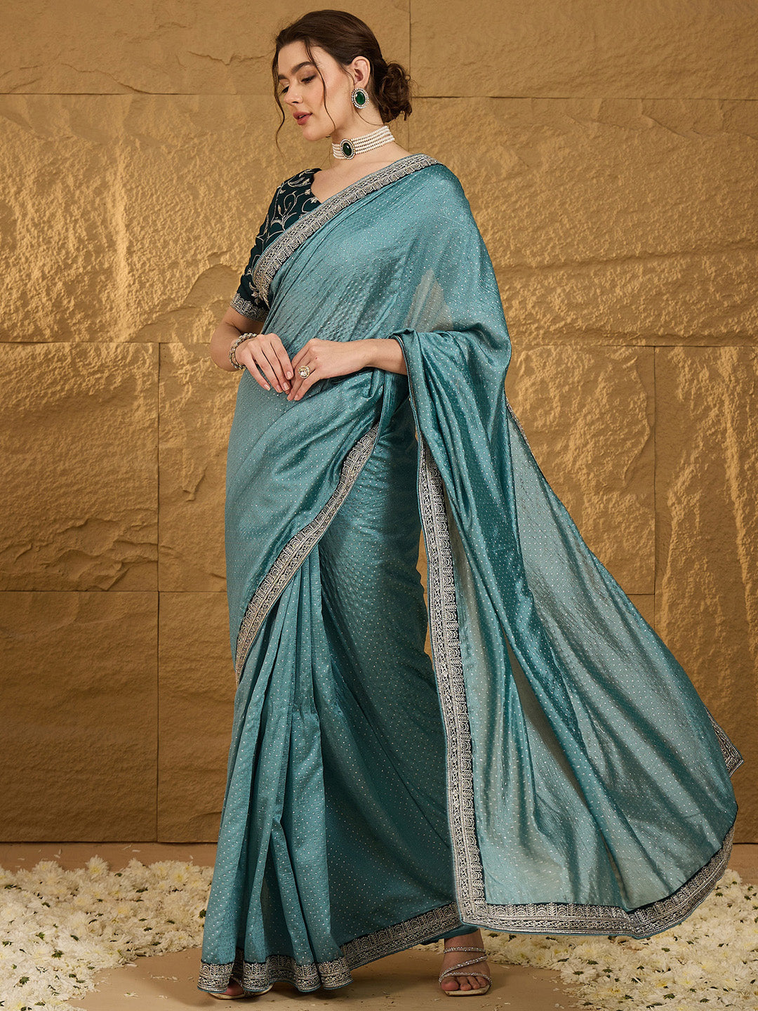 Women's Vichitra Silk Teal blue Embroidered Designer Saree With Blouse Piece