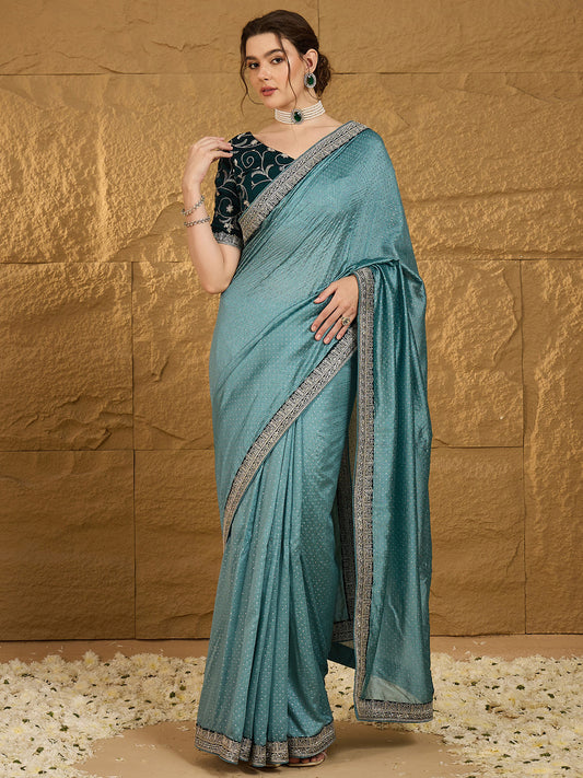 Women's Vichitra Silk Teal blue Embroidered Designer Saree With Blouse Piece