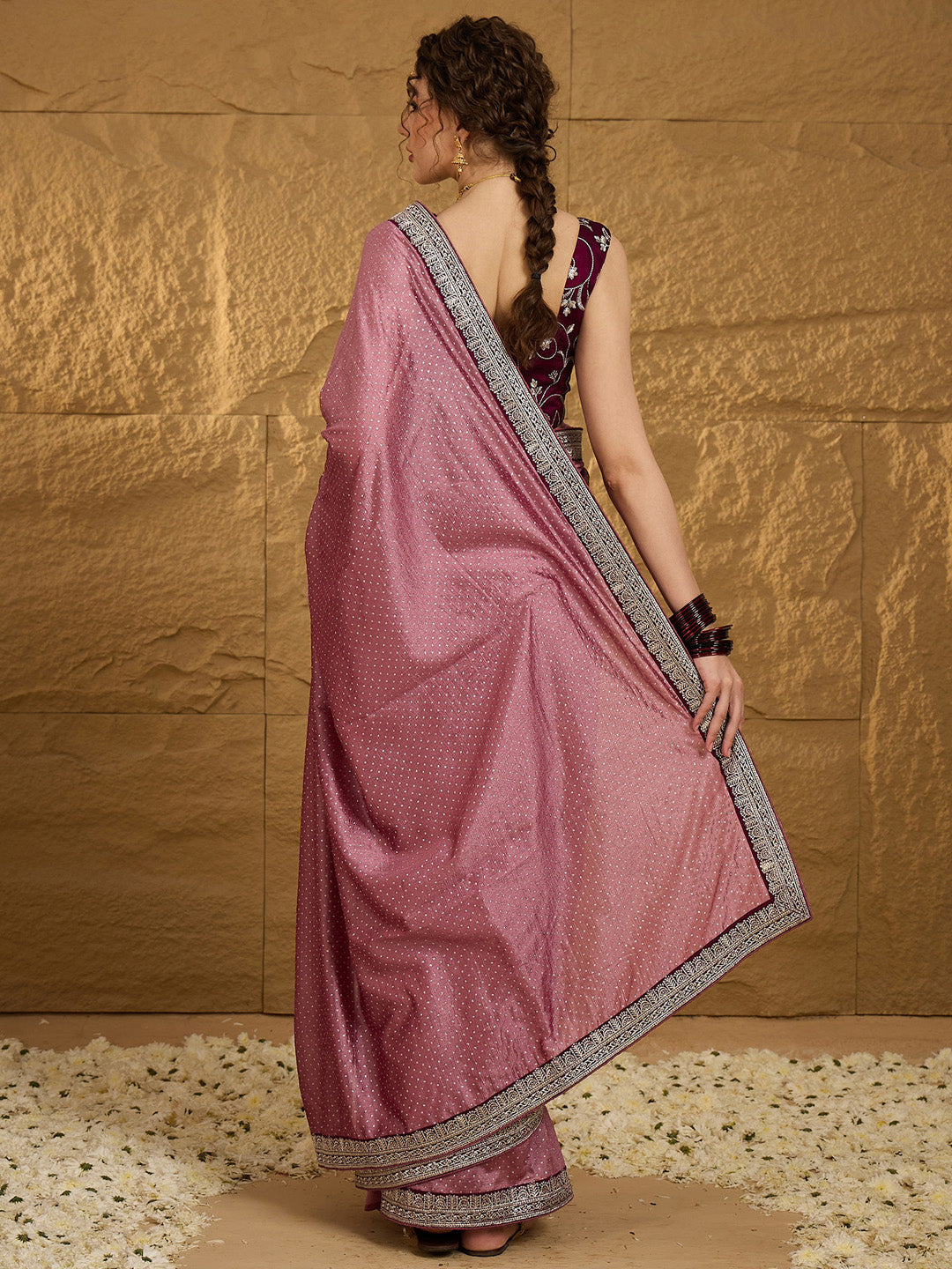 Women's Vichitra Silk Mauve Embroidered Designer Saree With Blouse Piece