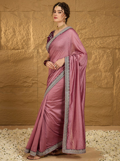 Women's Vichitra Silk Mauve Embroidered Designer Saree With Blouse Piece