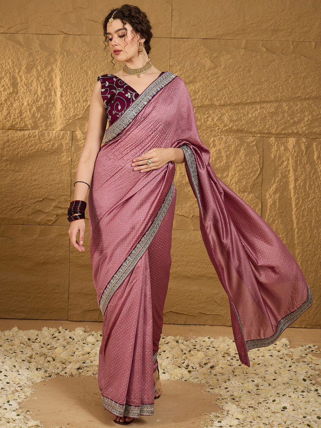 Women's Vichitra Silk Mauve Embroidered Designer Saree With Blouse Piece