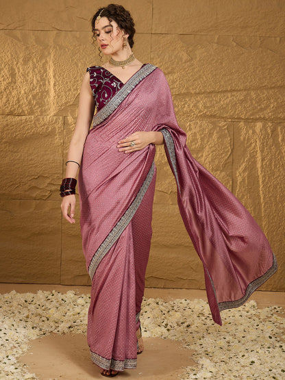 Women's Vichitra Silk Mauve Embroidered Designer Saree With Blouse Piece
