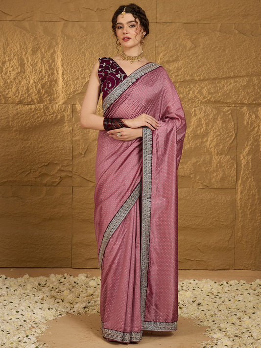 Women's Vichitra Silk Mauve Embroidered Designer Saree With Blouse Piece