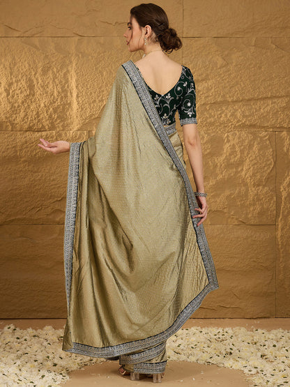 Women's Vichitra Silk Olive Embroidered Designer Saree With Blouse Piece