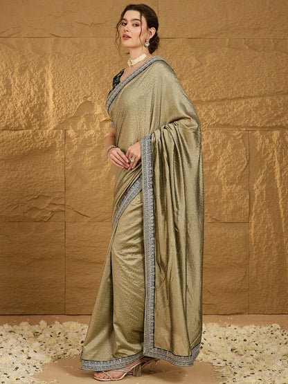 Women's Vichitra Silk Olive Embroidered Designer Saree With Blouse Piece