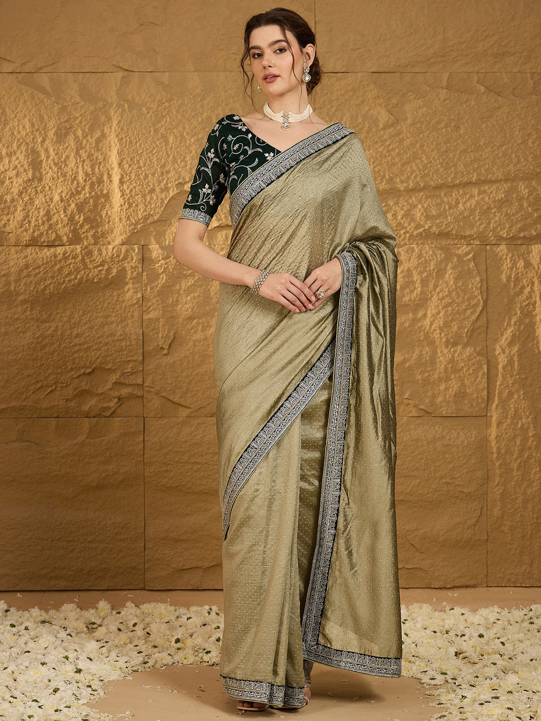 Women's Vichitra Silk Olive Embroidered Designer Saree With Blouse Piece