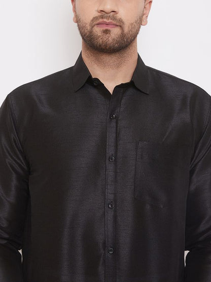 Men's Black Silk Blend Straight Shirt And Mundu