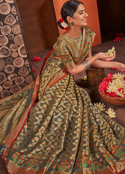 Dhiyona GR Women's Rashmika Dovetail Grey Zari Woven Design Banarasi Organza Saree
