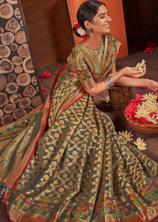 Dhiyona GR Women's Rashmika Dovetail Grey Zari Woven Design Banarasi Organza Saree
