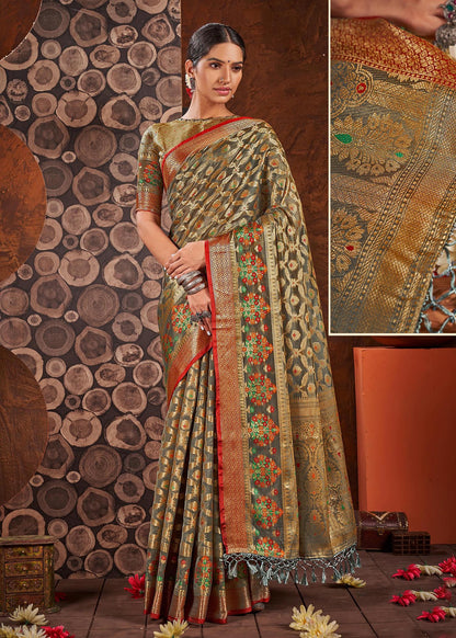 Dhiyona GR Women's Rashmika Dovetail Grey Zari Woven Design Banarasi Organza Saree