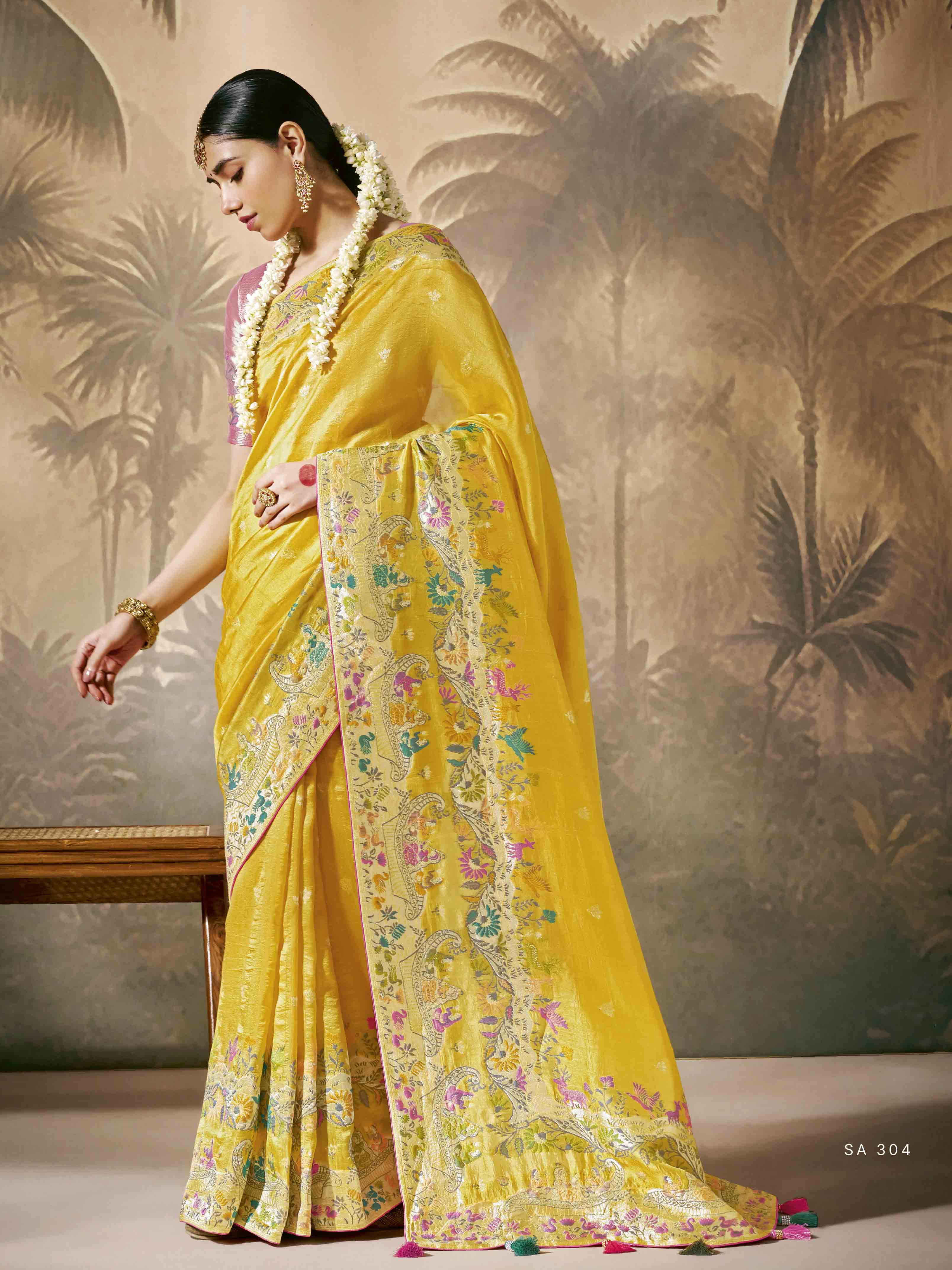Dhiyona KM Women Vibrant Yellow Saree With Red Contrast Blouse