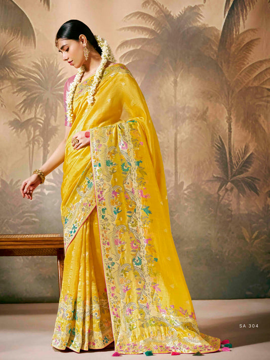 Dhiyona KM Women Vibrant Yellow Saree With Red Contrast Blouse